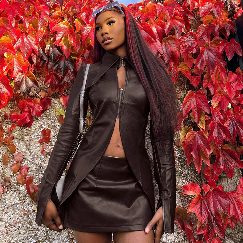 

Zabrina Sexy Top Skirt 2 Pcs Set Winter Autumn Fashion Y2K Streetwear Party Leather Turndown Neck Long Sleeve Zippers Hollow Out