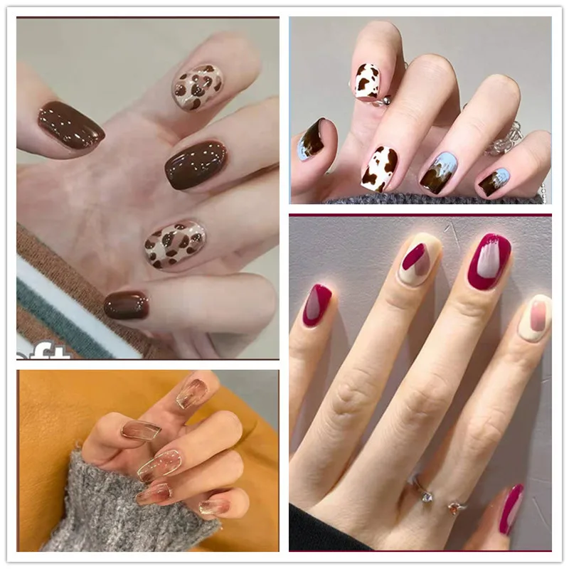 

Цветной блок с искусственными ногтями и леопардовым принтом и т. д. Дизайн, накладные ногти с полным покрытием, модный многоцветный маникюр