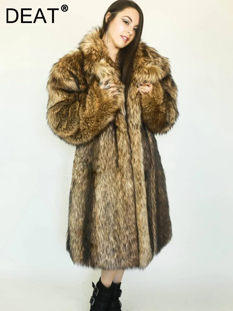 

DEAT Fashion Women's Faux Fur Coat Lapel Long Sleeves Single Button Patchwork Thick Warm Lady Coats Winter 2023 New Tide 7AB999