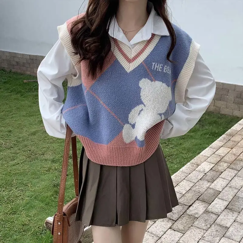 Вязаные жилеты для женщин пуловер Свободный жилет с V-образным вырезом и медведем