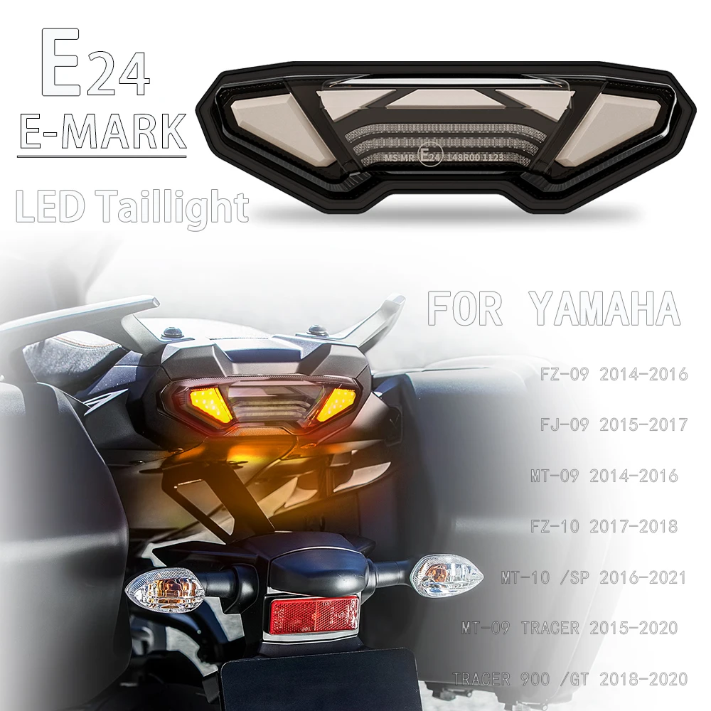 Фото Светодиодный задний фонарь E24 для мотоциклов Yamaha MT-09, Tracer 900, 9 GT, FJ-09, FZ-09, MT-10, FZ-10 с указателями поворота №1