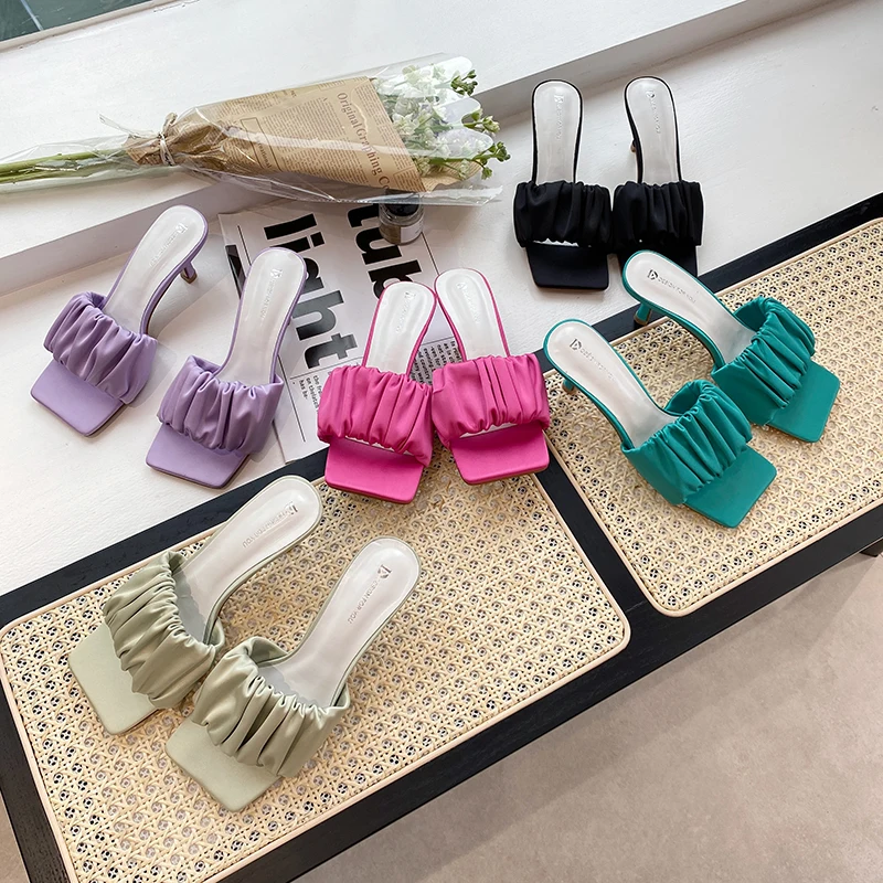 

Open Toe Women Slippers Black Green Purple Green Blue Summer Ladies Sandals Slides Thin High Heels Pumps Casual Pumps Shoes 39