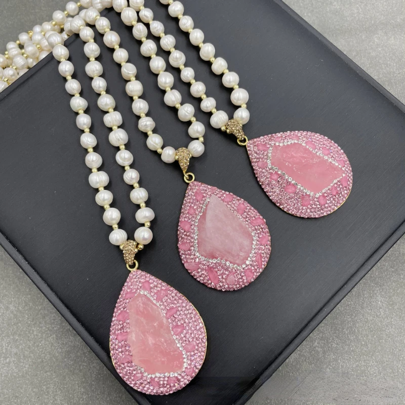 

Natural original mineral powder crystal freshwater pearl necklace fashion exquisite Czech diamond necklace women banquet jewelry