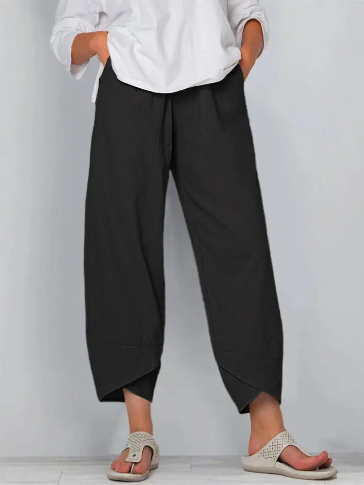 2023 Summer Cotton Linen Large Size Women's Pants Black Elastic Waist Pockets Loose Bottoms Female Casual Fashion Ladies Bottom
