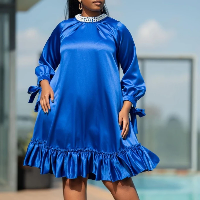 Dashiki African Dresses For Women Fashion Blue Solid Pleated Dress Casual Cute Beading Office Lady Dresses Long Sleeve Vestidos