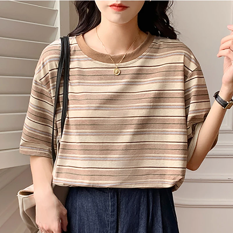 

Tops Women 2022 Summer Striped Loose Cotton T Shirt Female O Neck Short Sleeve Casuale Korean Fashion Tshirt Woman Clothes Tees