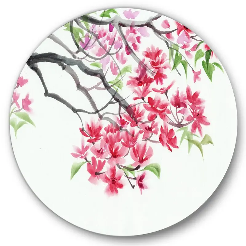 

'Red Blossoming Tree On White' Traditional Circle Metal Wall Art 36x36 - Disc of 36
