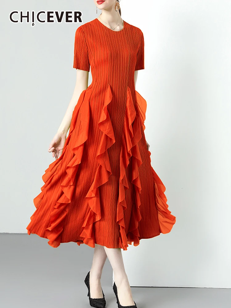 

CHICEVER, однотонные платья со складками для женщин, круглый вырез, короткий рукав, высокая талия, лоскутные оборки, летнее ТРАПЕЦИЕВИДНОЕ ПЛАТЬЕ средней длины, женское, новое