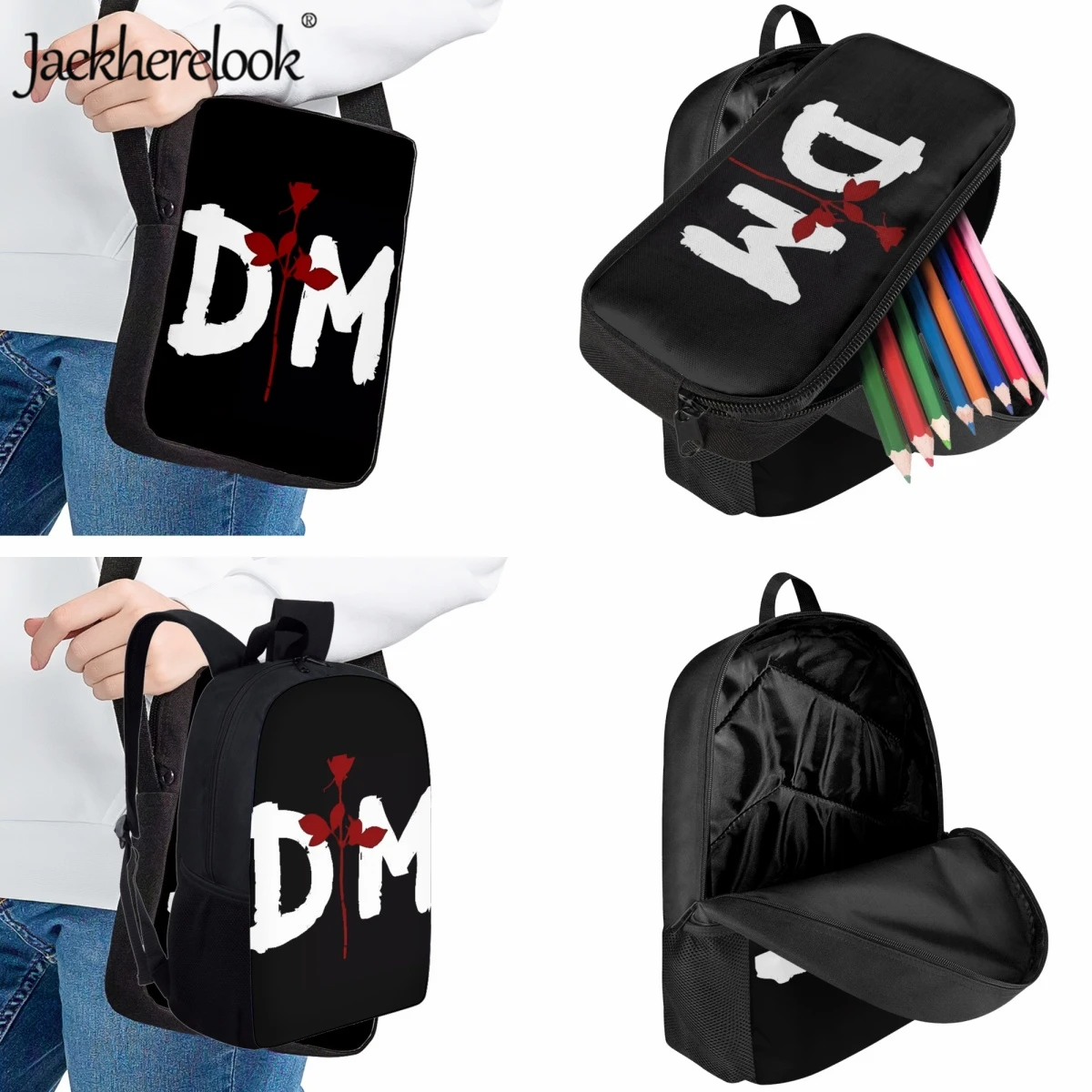 Jackherelook Large Capacity Teen Schoolbag Crossbody Bag Pencil Case 3pcs/Set Travel Backpacks Trendy Depeches Band Mode Bookbag