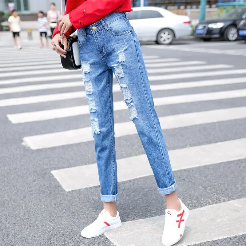 

2023 New Baggy Jeans Woman Loose-fitting Harem Pants Fat Sister Pants Women High Waist Pants Zipper Fly Ripped Jeans T972