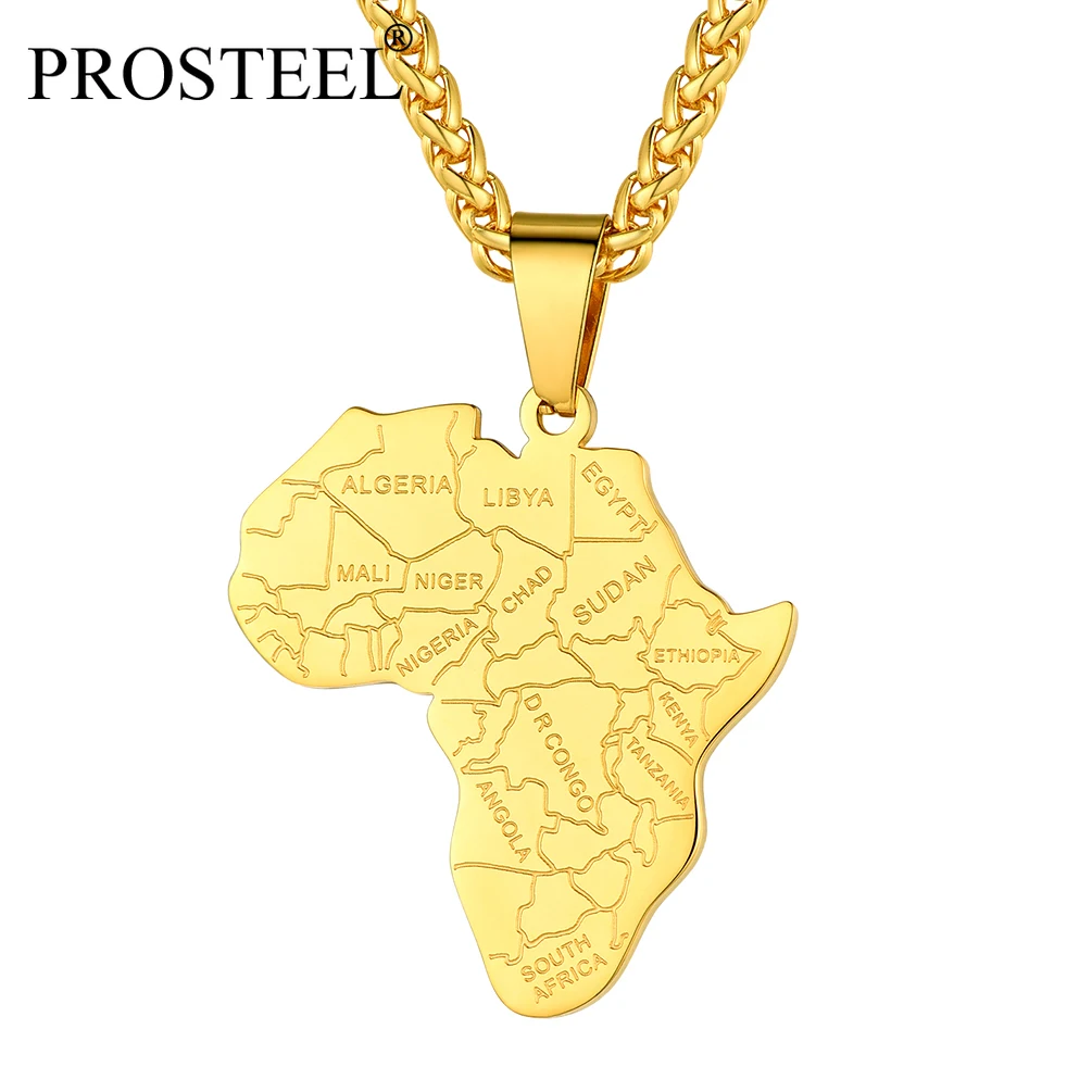 

PROSTEEL Africa Continent Country Map Pendant Necklace Stainless Steel Chain for Women Men Xmas Gifts Gold/Black Color PSP4362