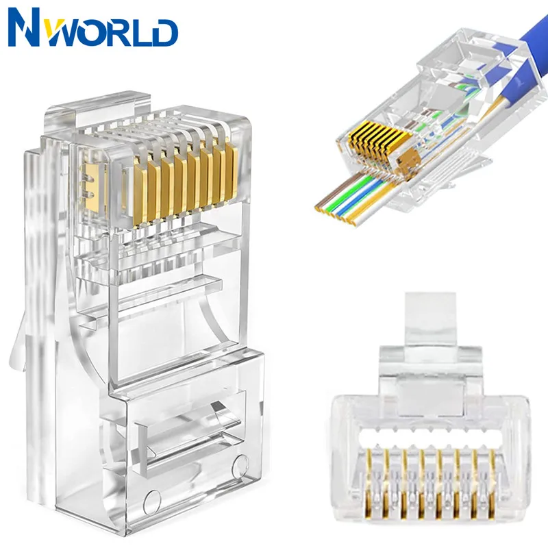 

100 Pieces RJ45 Connector Ends Ethernet Pass Through Plug Gold Plated Modular Plug 8P8C Cable Heads for Network CAT5 LAN