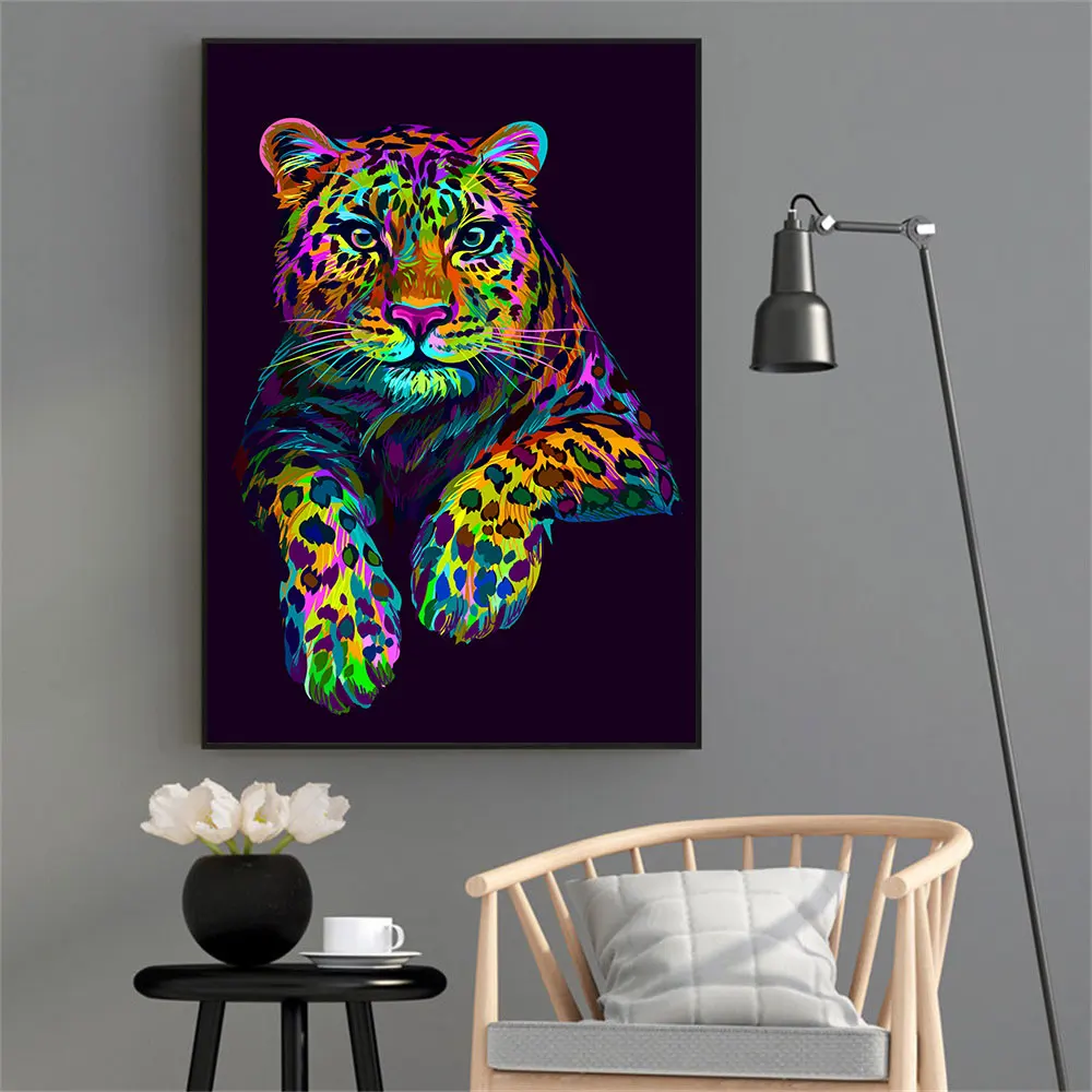 

Vibrant Leopard Animal Colorful Canvas Painting Abstract Modern Style Wild Poster Print Wall Art Picture Living Room Home Decor