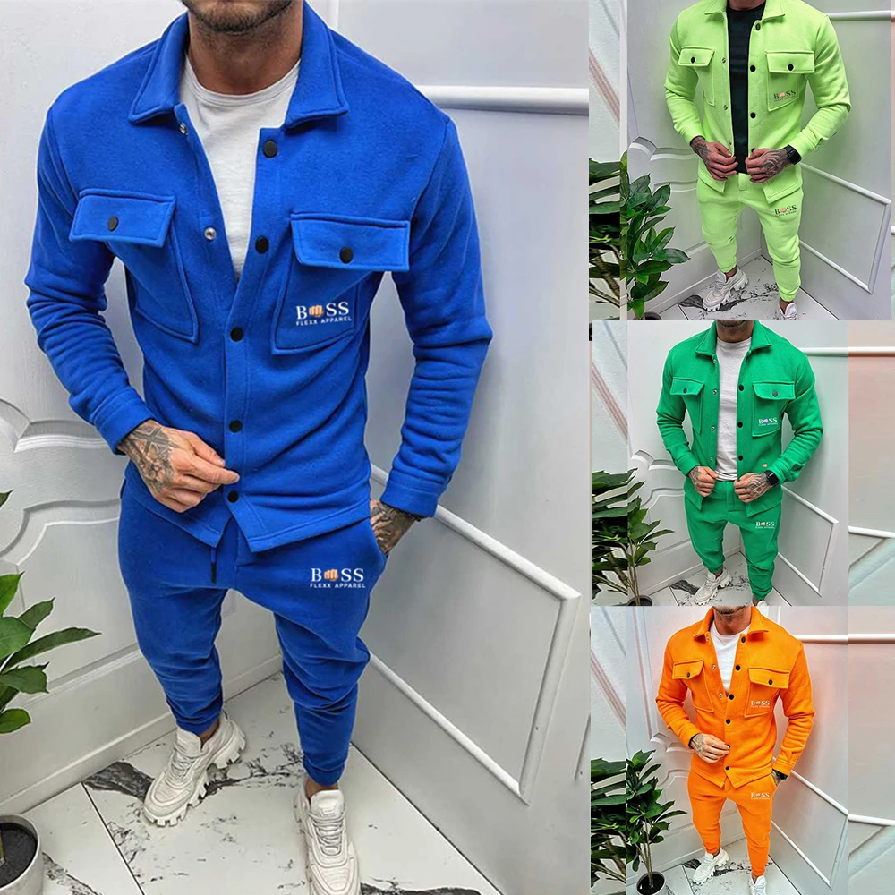 

2023 BOS5 Jacket Cargo Pants Sets with Pockets Overalls Male Fashion Suit Solid Color Autumn High Street Tracksuit 2 Piece Set