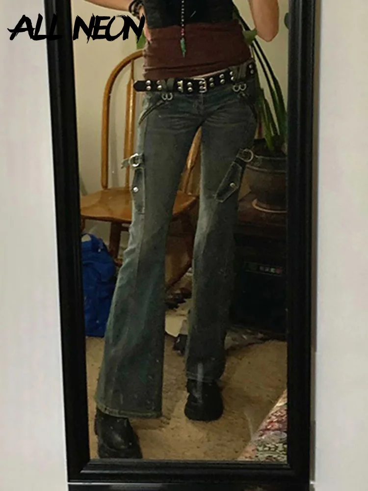 

ALLNeon Y2K Aesthetic Retro Zipper Low Rise Flare Jeans Vintage Grunge Fake Pockets Trim Full Length Patchwork Denim Pants Slim