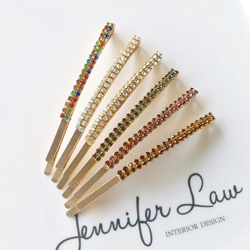 

8.7cm Double Row Crystals Hairgrips I-shaped Colored Rhinestone Hairpins Metal Bangs Clip Hair Accessories Bobby Pin Headwear