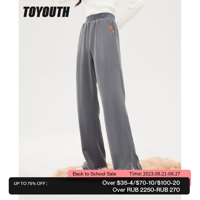 

Toyouth Women Corduroy Pants 2022 Winter Fleece Elastic Waist Loose Trousers Vented Hem Warm Chic Casual Streetwear Long Pants