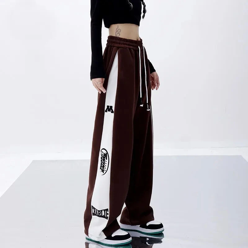 

Gidyq Women Letter Print Sweatpants Female Fashion Patchwork Loose Wide Leg Pants Summer Casual Korean Streetwear Trousers