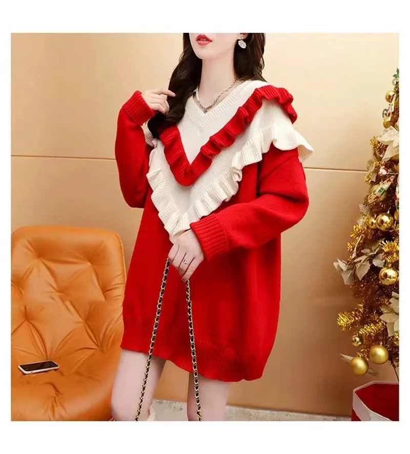

2023 New Autumn/Winter Red Fashion Age Reducing Outwear Knitted V-neck Sweater Loose and Lazy Wind Lotus Edge Design