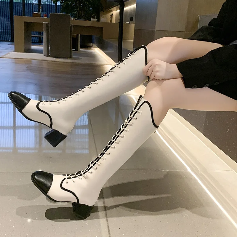 2021 Autumn and Winter New Net Red Boots Thick Heel Lace-up Boots Single Boots High Knight Boots Long Boots Thin Boots Women