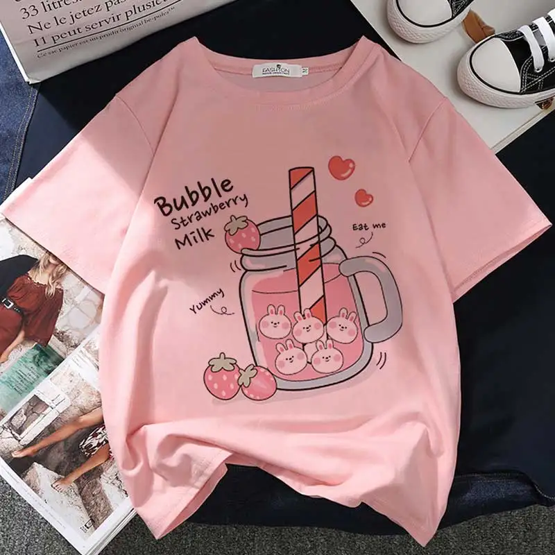 

Strawberry Juice Graphic Print T-shirt Women Harajuku Aesthetic White Tops Tshirt Tee 2023 New Summer Fashion Y2k Female T Shirt