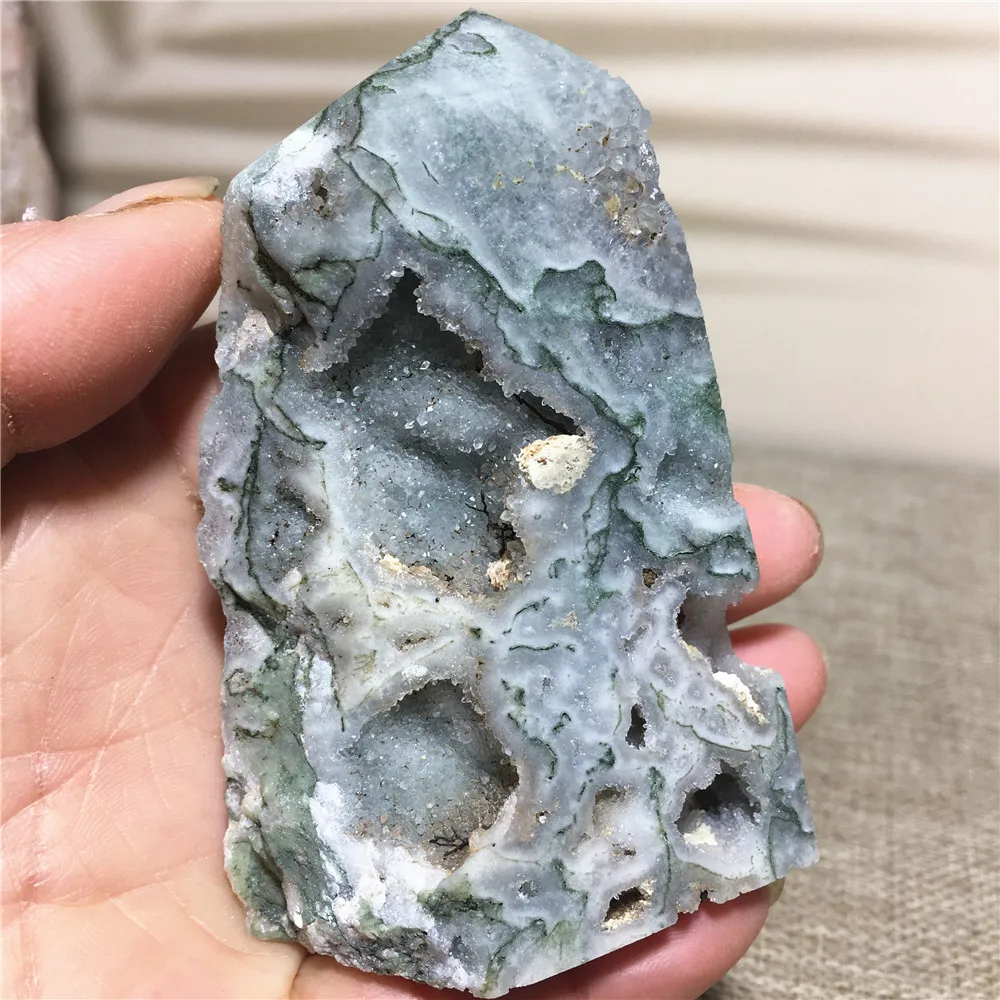 

Natural Stone And Crystal Green Moss Agate Druzy Tower Healing Gemstones Geode Voog Point Wand Witchcraft Gift Home Decoration