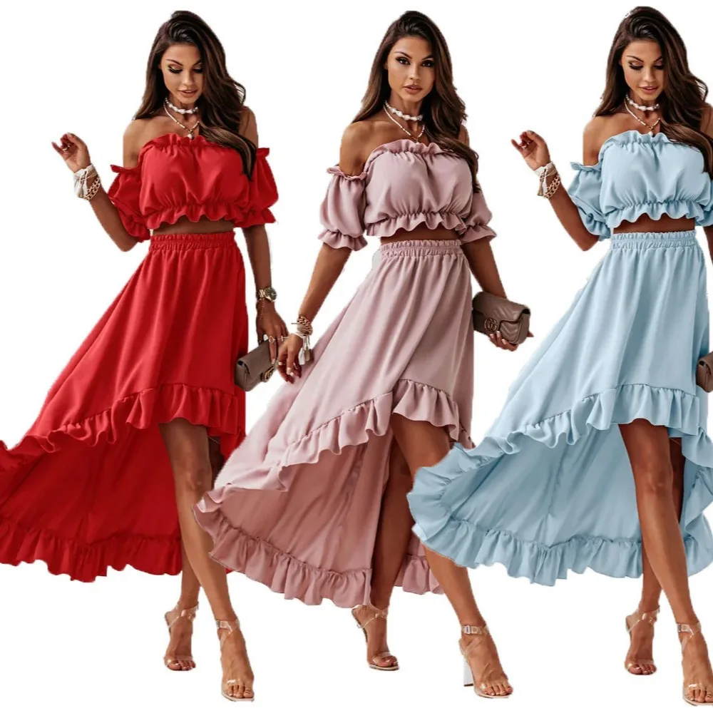 

Женский комплект из двух предметов, элегантное эластичное платье макси с оборками и открытой спиной, с пышными рукавами, без бретелек, летнее платье