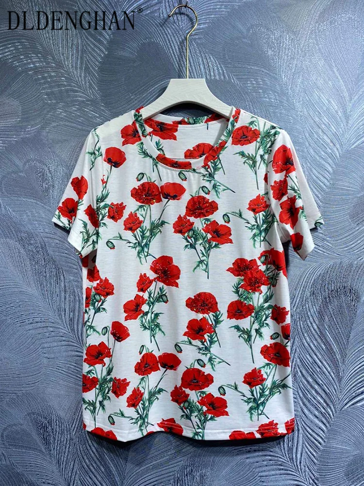 

DLDENGHAN Spring Summer Women T-Shirt O-Neck Short Sleeve Sequins Beading Flower Print Casual Tees Fashion Runway New