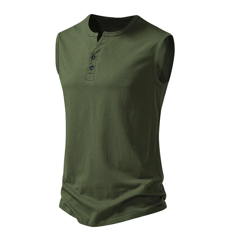 

Mens Army Green Cotton Sleeveless T Shirt 2023 Summer Slim Fit Henley Collar Vest T Shirt Men Casual Daily Muscle T shirt Homme