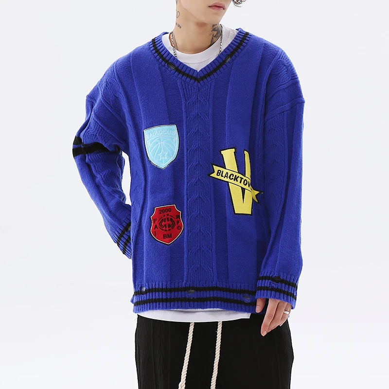 

Retro Streetwear V Neck Badge Spliced Pullover Men's Sweaters Harajuku Hip Hop Loose Knitted Casual Winter Clothes Oversized