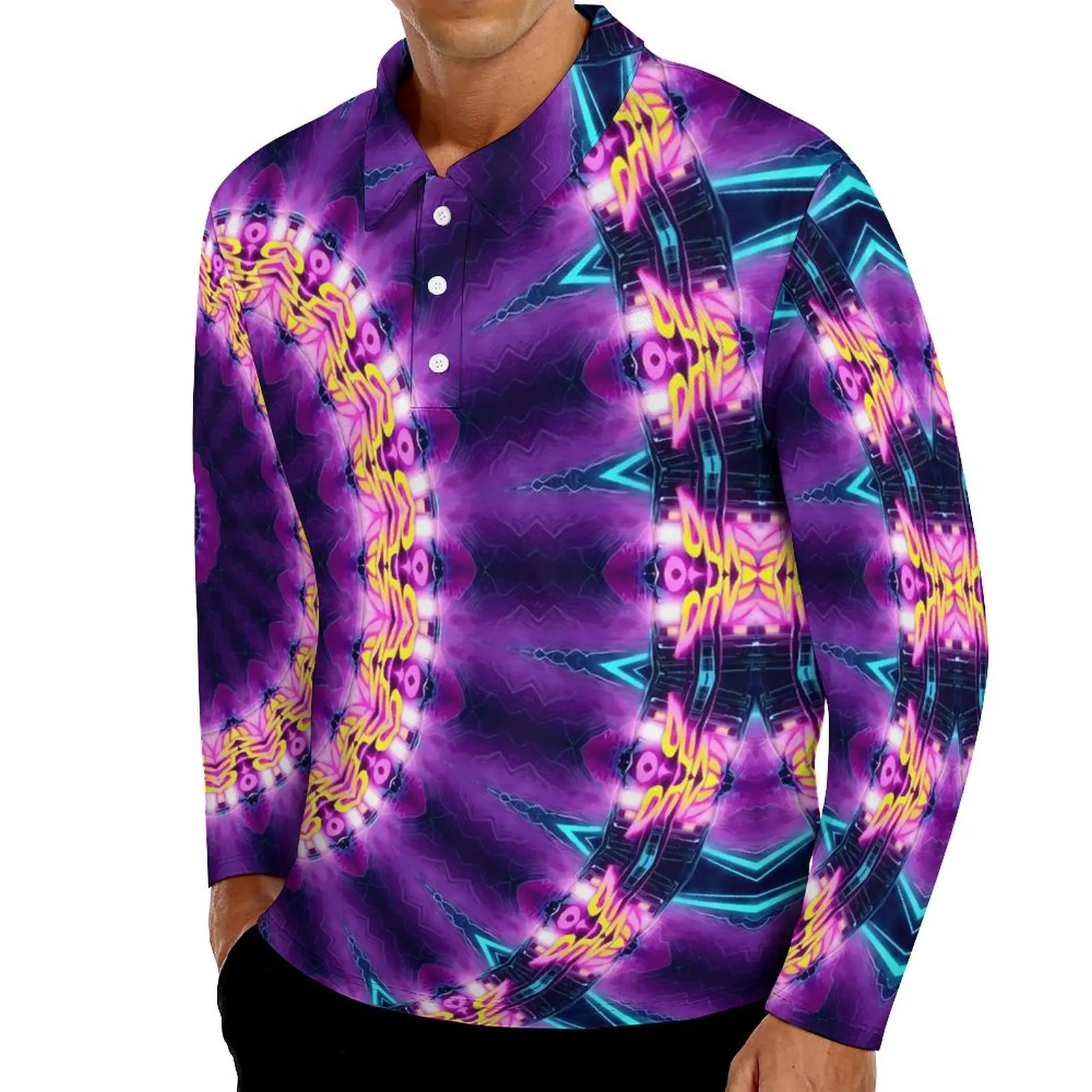 

Neon Sunflower Casual T-Shirts Men Blacklight Mandala Long Sleeve Polo Shirt Collar Stylish Daily Printed Shirt 3XL 4XL 5XL
