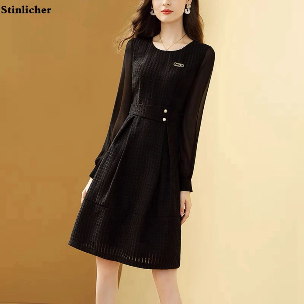 

Женское офисное платье-миди на пуговицах, черное приталенное платье в клетку, с длинным рукавом и жемчужинами, на весну-лето