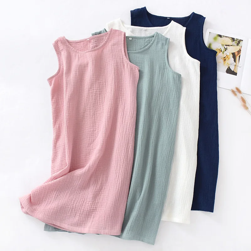 Summer Cotton Gauze Sleepwear Dress Women Solid Sexy Nightgowns Sleeveless Sleep Tops Female Nightie Plus Size Homewear