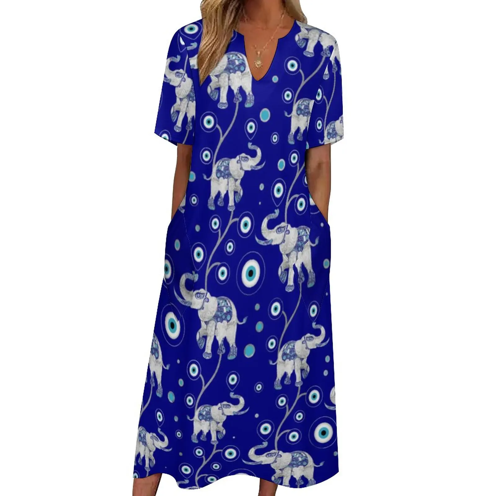 

Evil Eye Elephant Dress Good Luck Amulet Maxi Dress Short Sleeve Graphic Casual Long Dresses Street Fashion Oversize Clothing