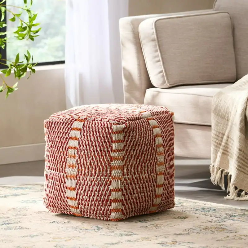 

Indoor Handcrafted Boho Water Resistant Cube Pouf, Red and Orange