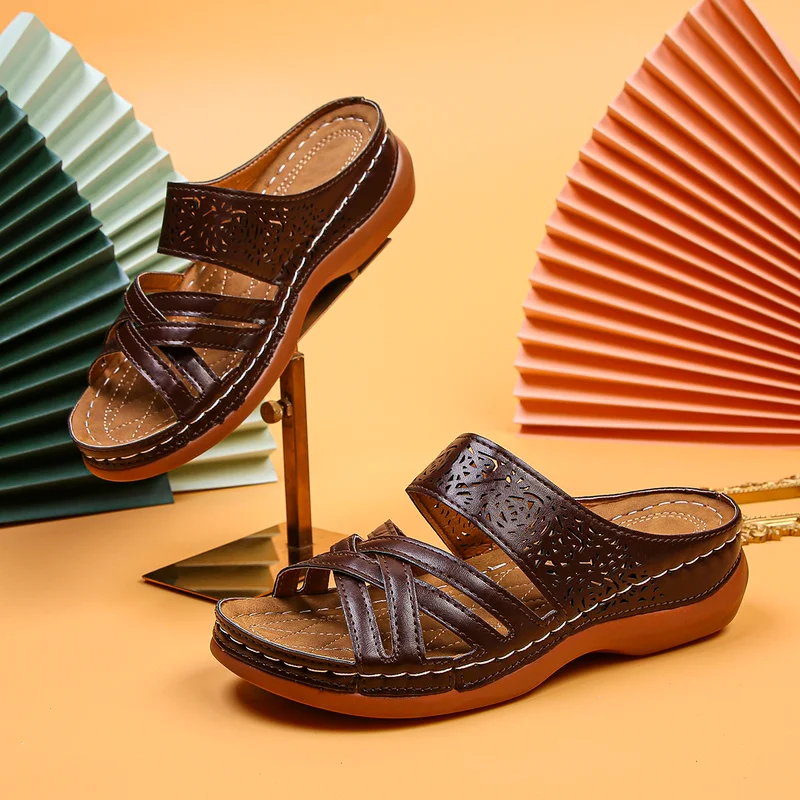 

Plus Size 35-43 Summer 2022 New Summer Women Slippers Leather Ladies Open Toe Casual Platform Wedge Slides Beach Shoes For Woman