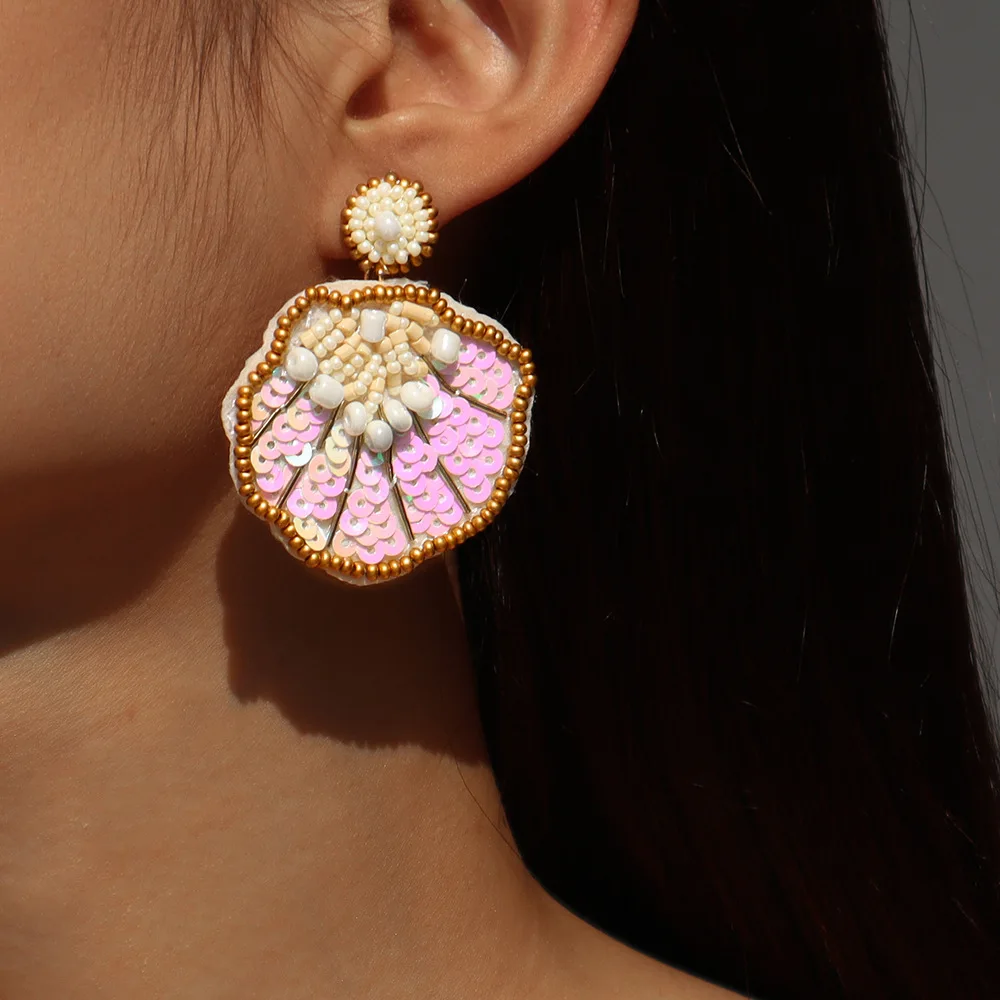 

Large Pink Shell Earrings For Women Beaded Sequins Earring Creative Design Gradient Color Earrings On Beach 2022 Summer Newest