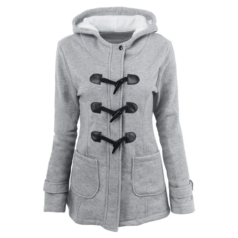 Autumn Winter Thick Hooded Jacket Parkas Women Single Breasted Horn Button Warm Coats Solid Color Pocket Casual Commute Outwears