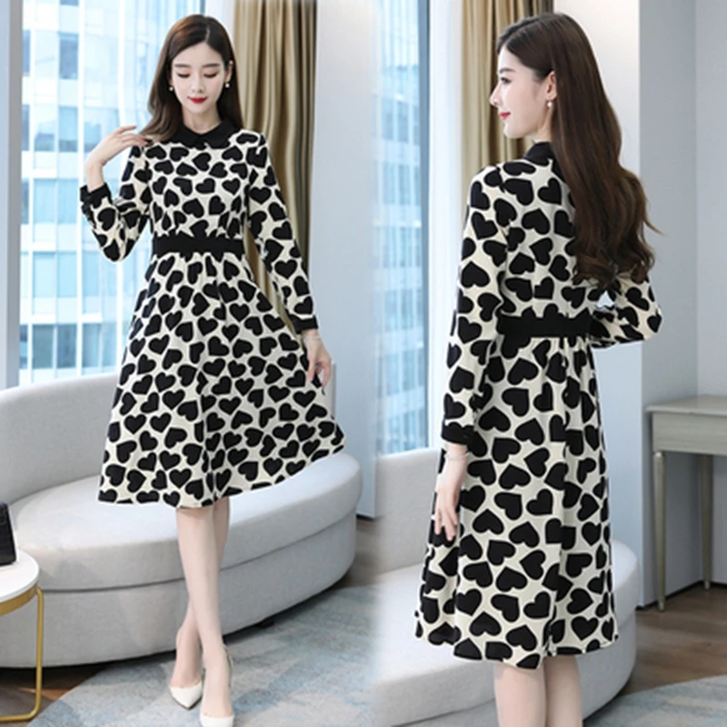 

Spring Autumn Peach Heart Print Women's Dress Korean Fashion Ladies Casual Slim A-Line Long Party Dress Female Vestidos Robe