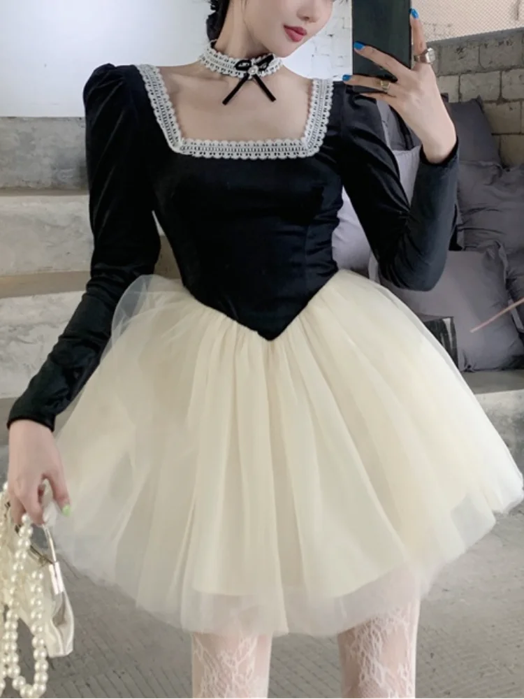 

French Vintage Black Velvet Dress Woman Long Sleeve Lace Mini Dress Slim 2022 Spring Korean Style Evening Party Dress Bow Design