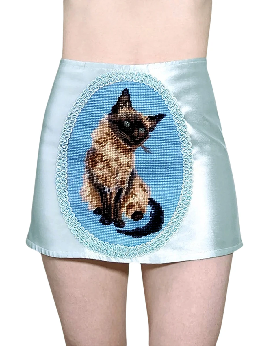

Cute High Waist Mini Skirt for Teen Girls Summer Stretch Cat Print Beach Skirt Y2k Streetwear