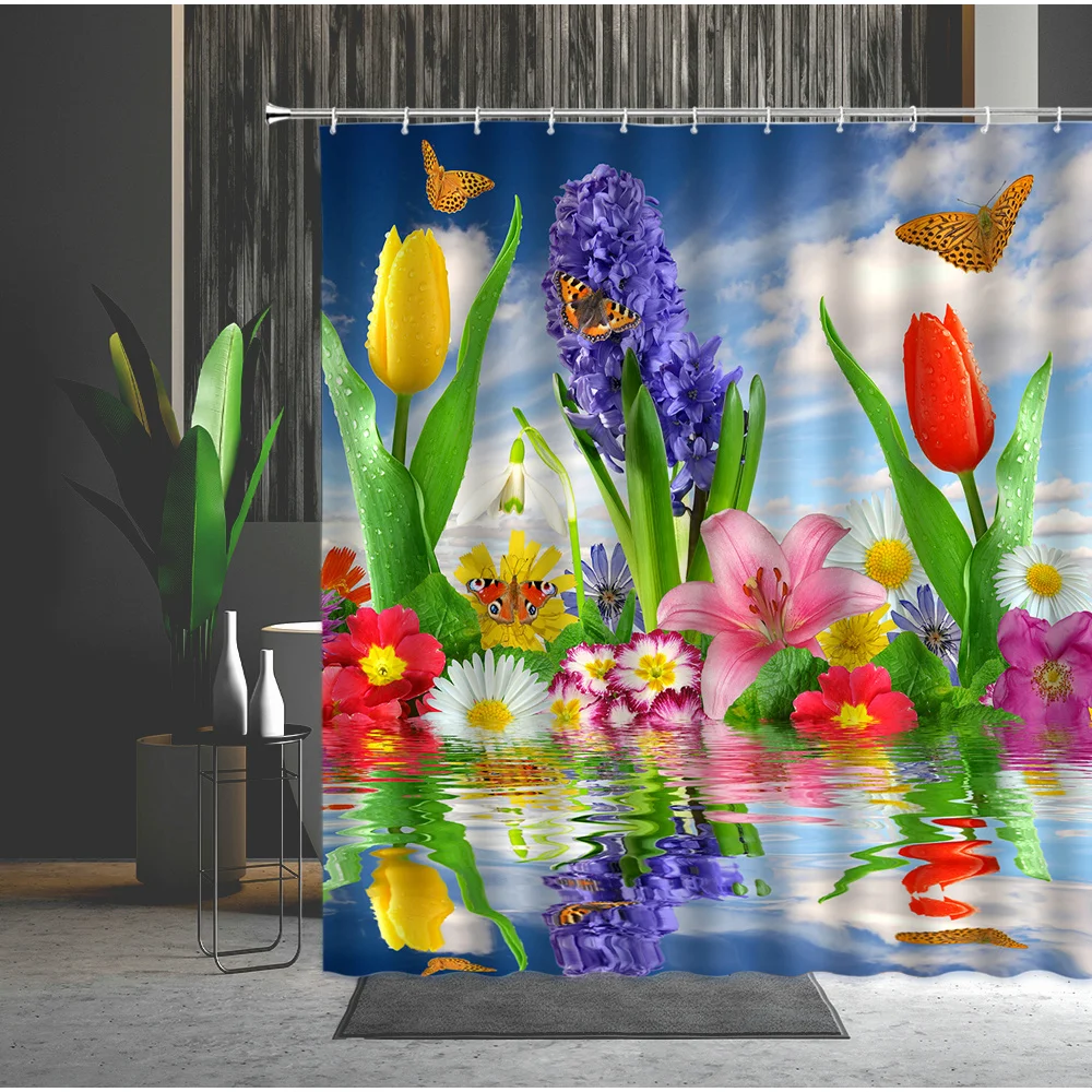 

Flower Curtain Beautiful Flowers Butterfly Blue Spring Scenery Sky Baiyun Bathroom Decoration Multiple Size