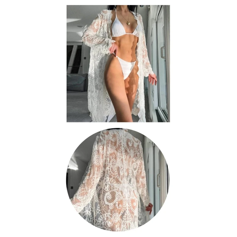 

A9LD Women Open Front Bikinis Cover Up Loose Bathing Suit Cover Up Lace Kimono Cardigan Flowy Swimsuit Cover Up for Beachwear
