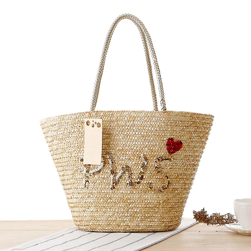 

Summer Beach Large Tote Bags Rattan Women Handbags Wicker Woven Shoulder Bag Casual Hand-embroidered Sequin Letters Straw Basket