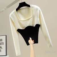 chain square collar sweater for women 2022 spring new stitch slimming short all matching knitwear ladies chic top pull femme