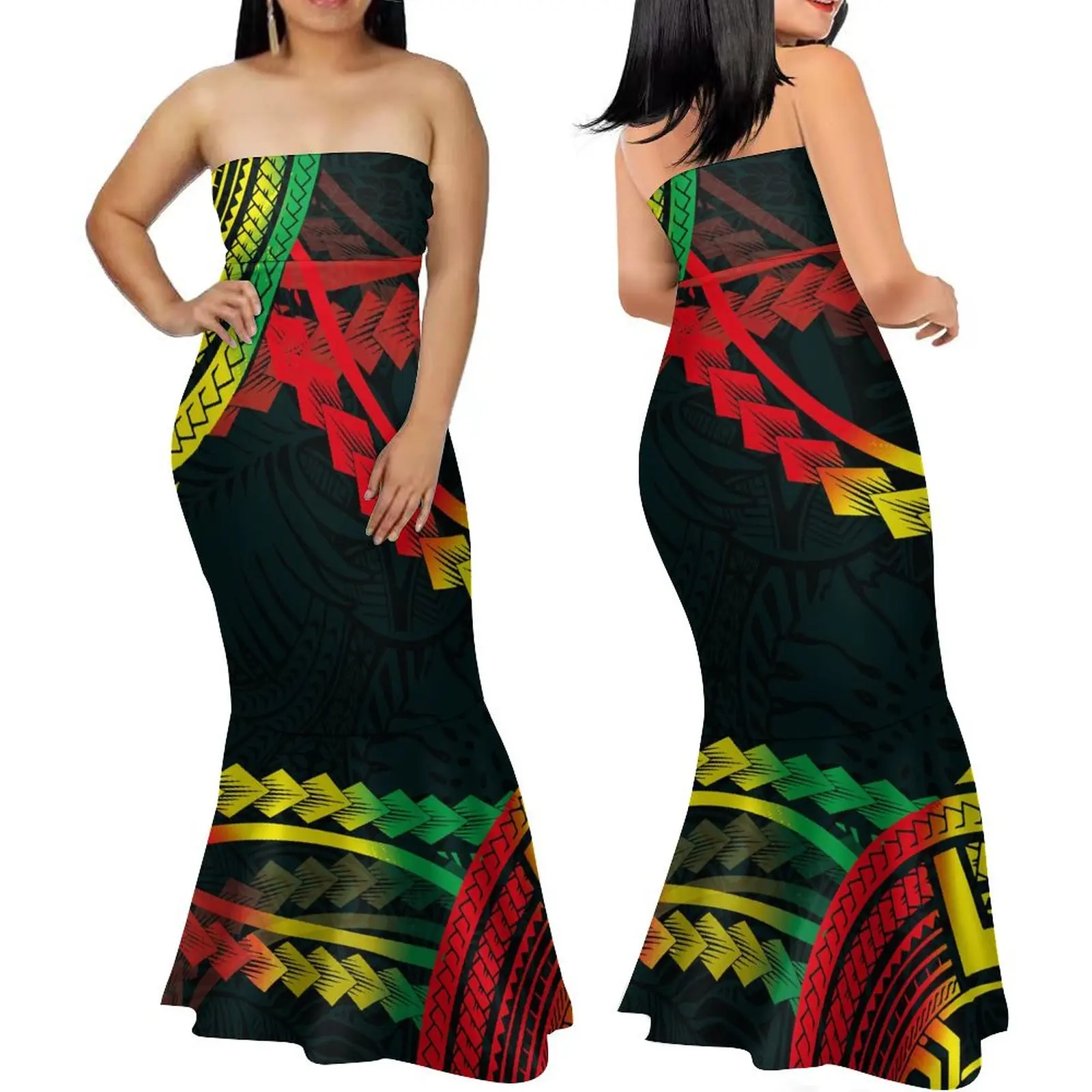 Polynesian tribal temperament slim-fit off-the-shoulder dress delicate striped Hawaiian fashion high-quality short-sleeved dress