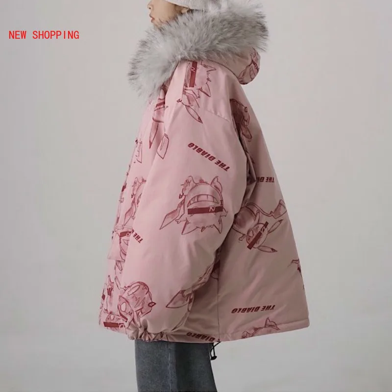 Parka Women Cotton Padded Jacket Fur Hooded Winter Warm Thick Jackets Outwear Hip Hop Fur Collar Sweet Kawaii Oversize Coat