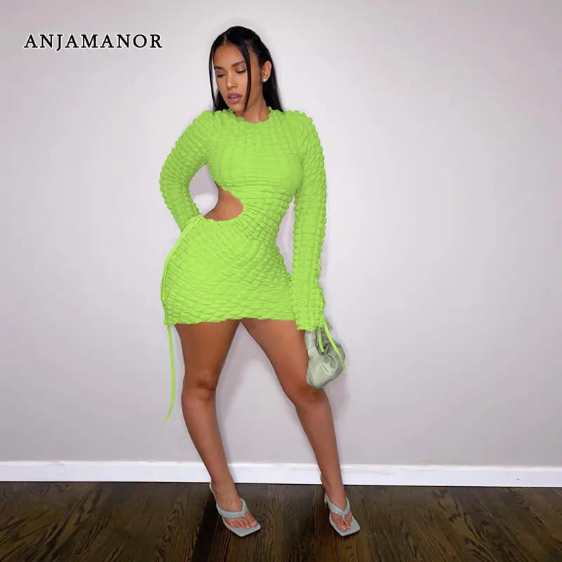 

ANJAMANOR Textured Drawstring Cut Out Long Sleeve Dresses Nightclub Outfits Women Neon Green Bodycon Mini Dress Winter D89-EA33