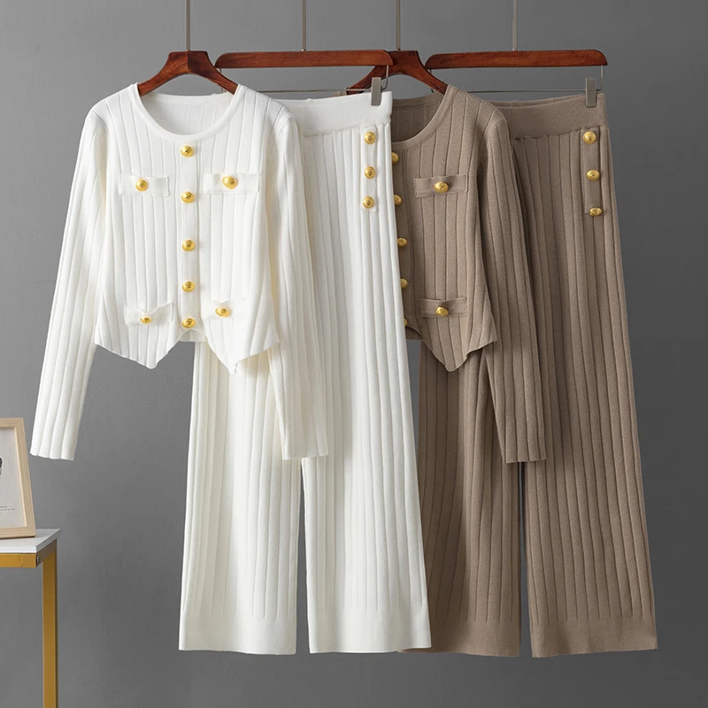 Женский Повседневный Вязаный Комплект Из Двух Предметов Свитер HLBCBG С Пуговицами