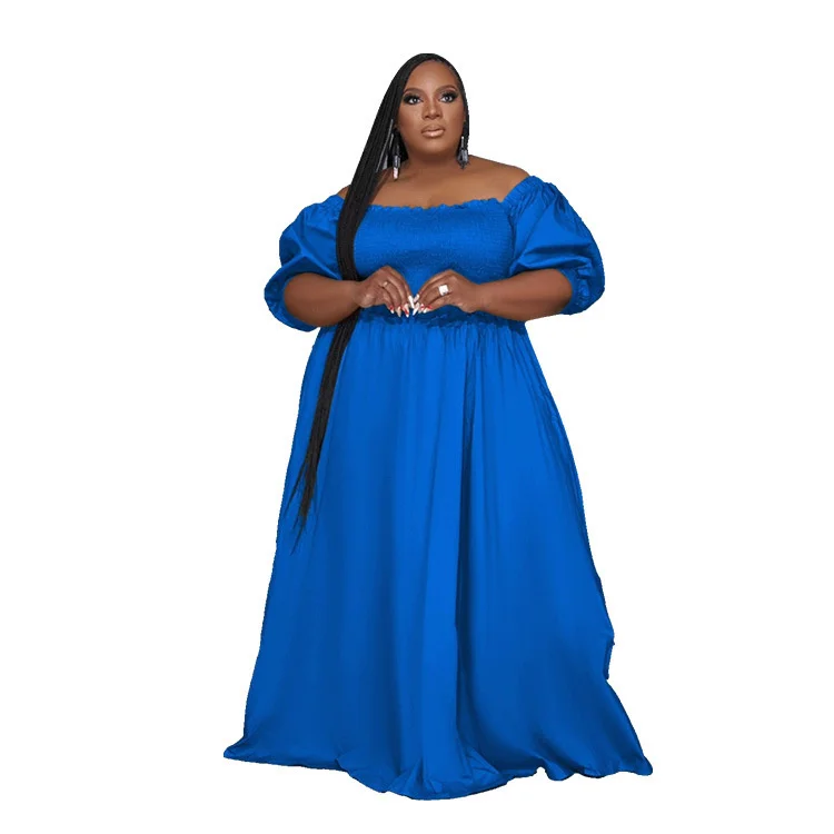 Casual Plus Size Women Dresses Summer Fashion Large Size Square Neck Solid Color Flared Dresses Elegant Lady Ruffle Long Dress
